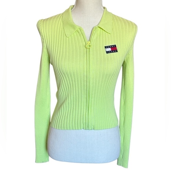 Tommy Hilfiger Zip Thru Rib Knit Cardigan in Neon Green - Picture 3 of 6